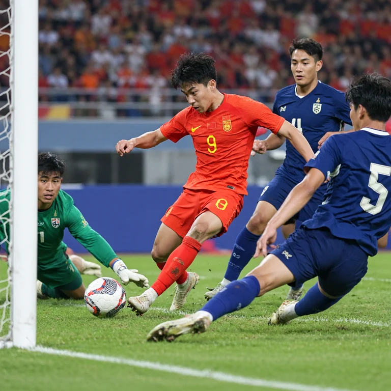 U23国足对阵泰国队的比赛画面，球员在禁区内完成进攻